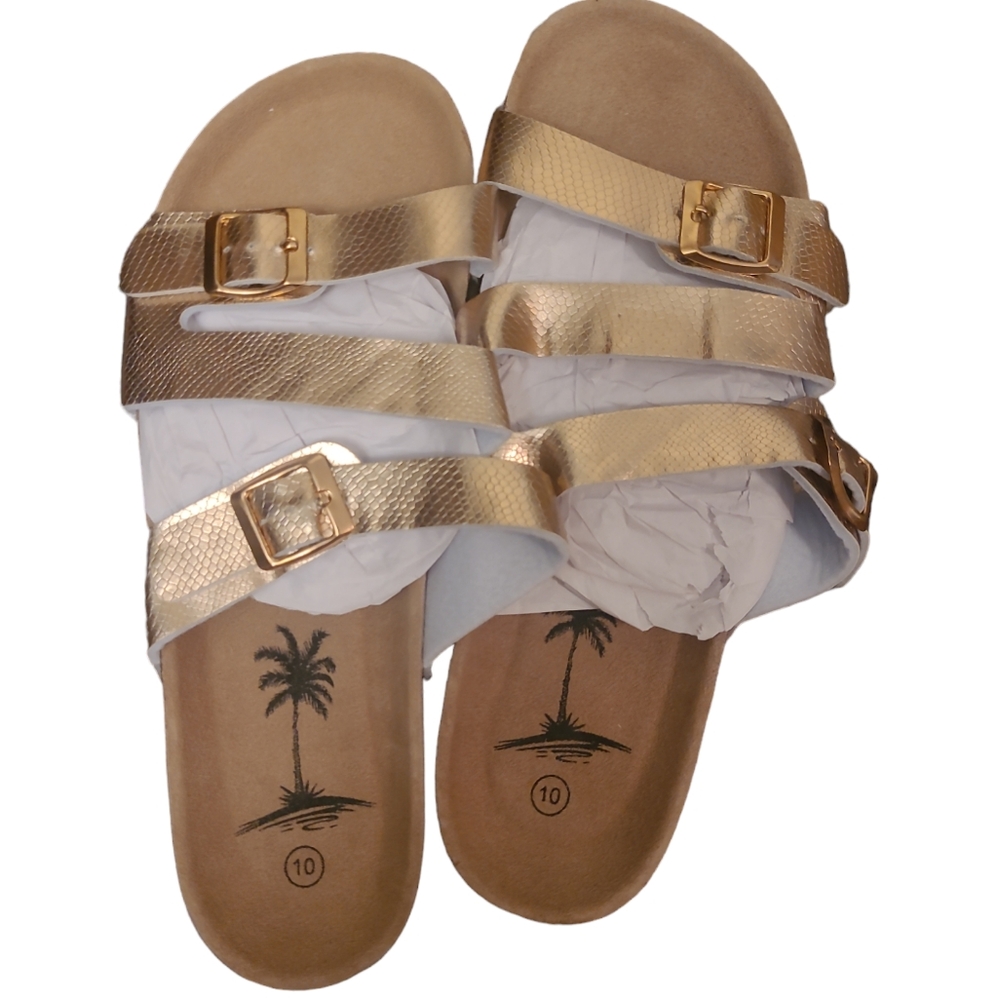 IC Lion Women's Open Toe Double Buckel Strap Slide Flat Cork Platform Sandles